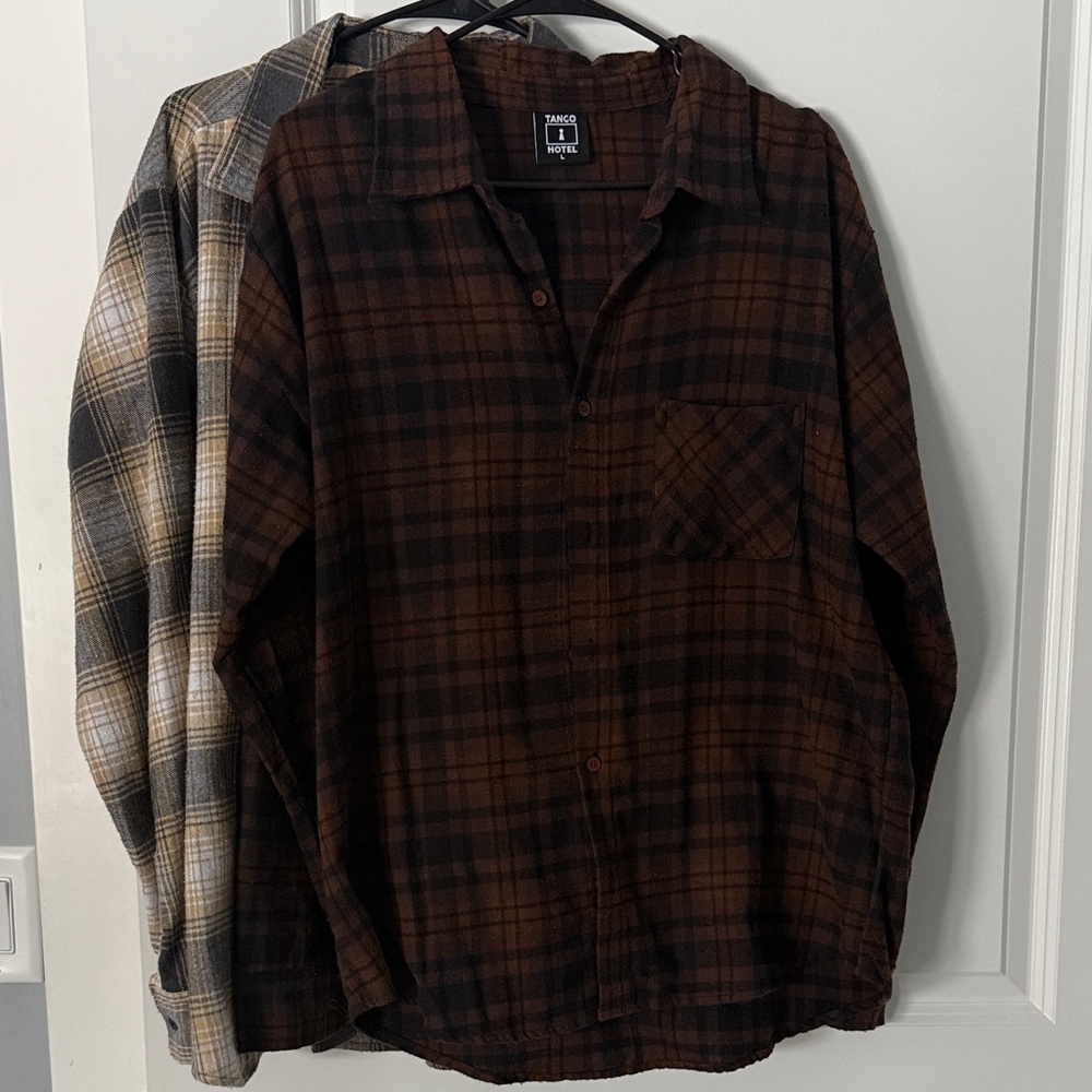Set of 2 Tango Hotel Brown Plaid Casual Button Down Shirts
